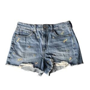 American Eagle Womens Embroidered Daisy Denim Shorts High Rise Distressed Size 4